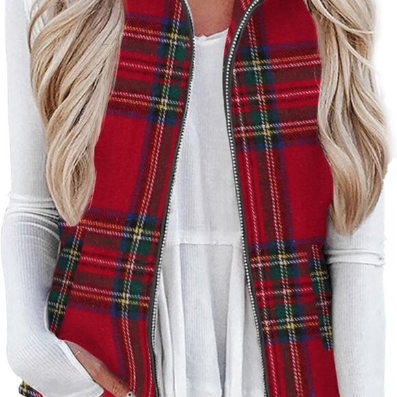 Women's Plaid Outerwear Vests Tops Zip Up Collared Sleeveless Jacket with Pockec - Picture 1 of 7